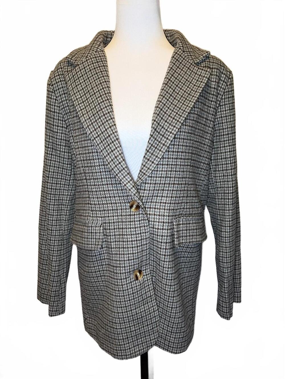 Motel XS Beige Brown Blue Houndstooth Oversized Wool Blend Blazer Dark Academia